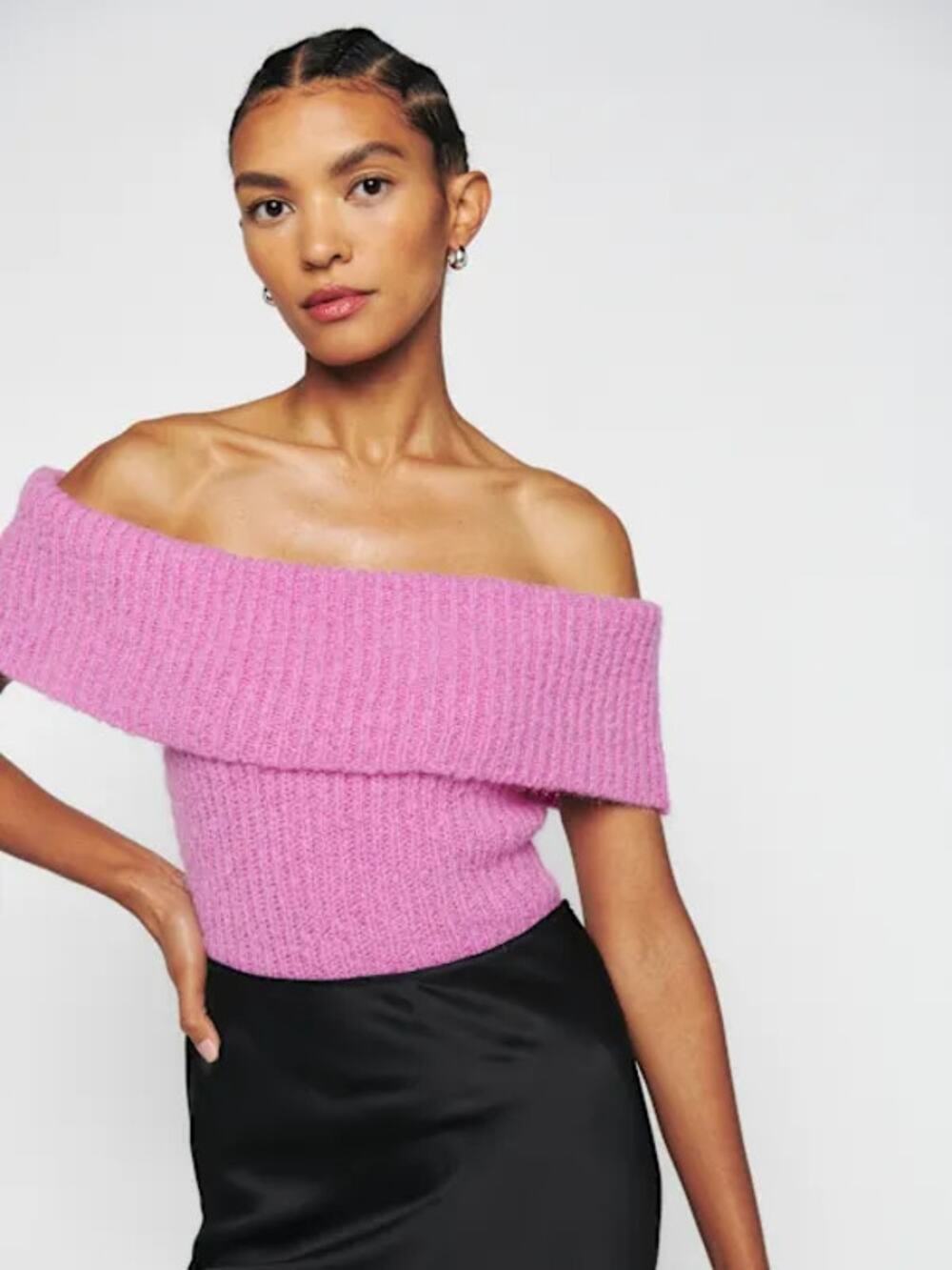 Reformation Satine Alpaca/Wool Off-the-Shoulder Foldover Sweater Pink XS NWT